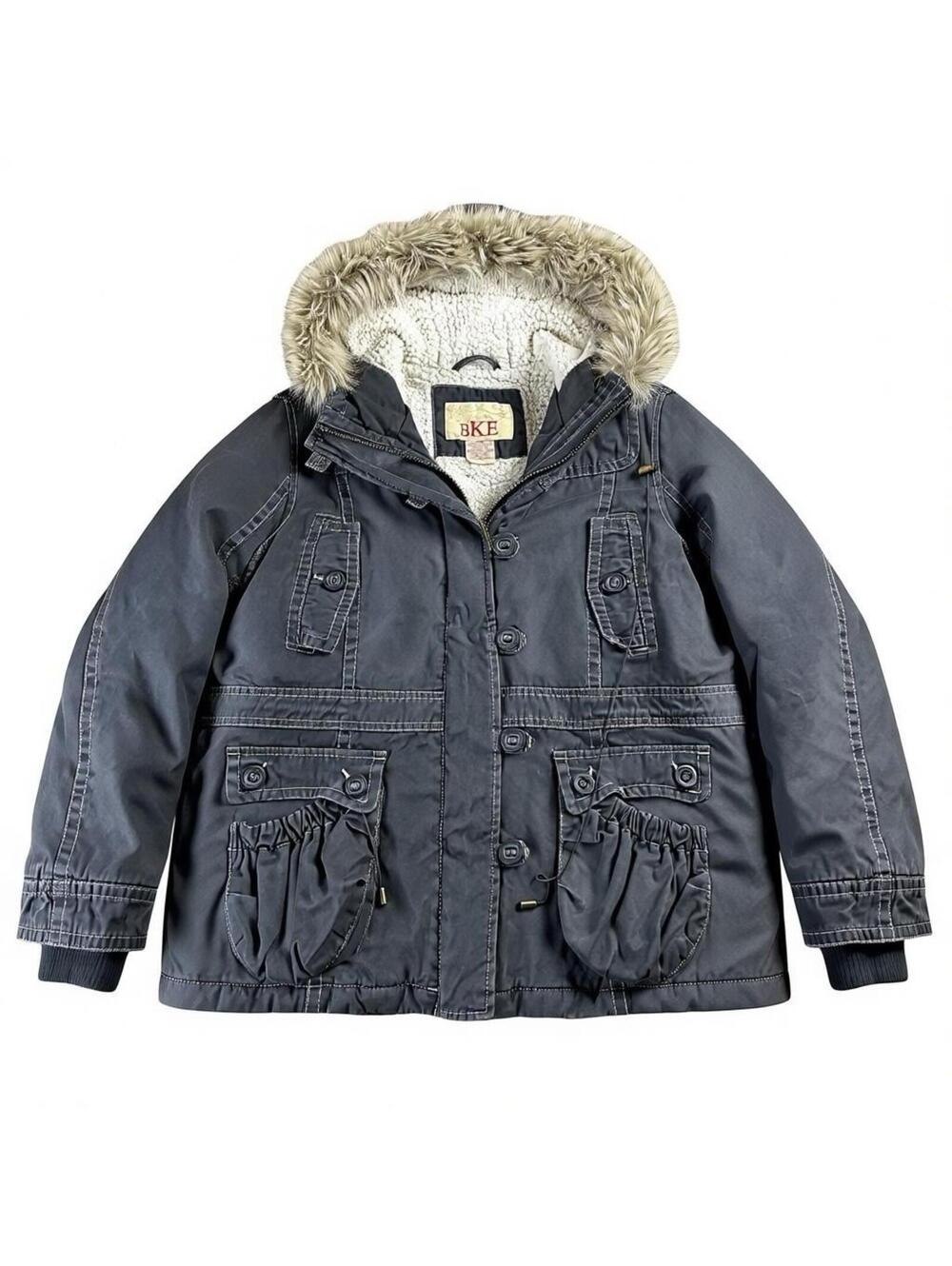 Y2K BKE Buckle Sherpa Lined Heavy Parka Faux Fur Trim Hood Women's Large Grey
